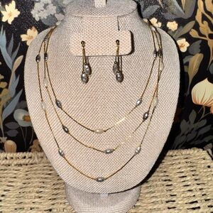 Vintage Gold Pearl Layered Necklace & Earring Set 60-70s